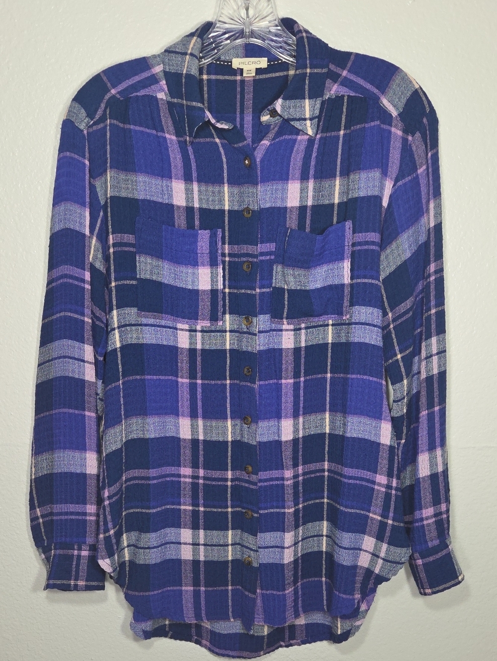 Pilcro Navy and Purple Plaid Button-Down Shirt